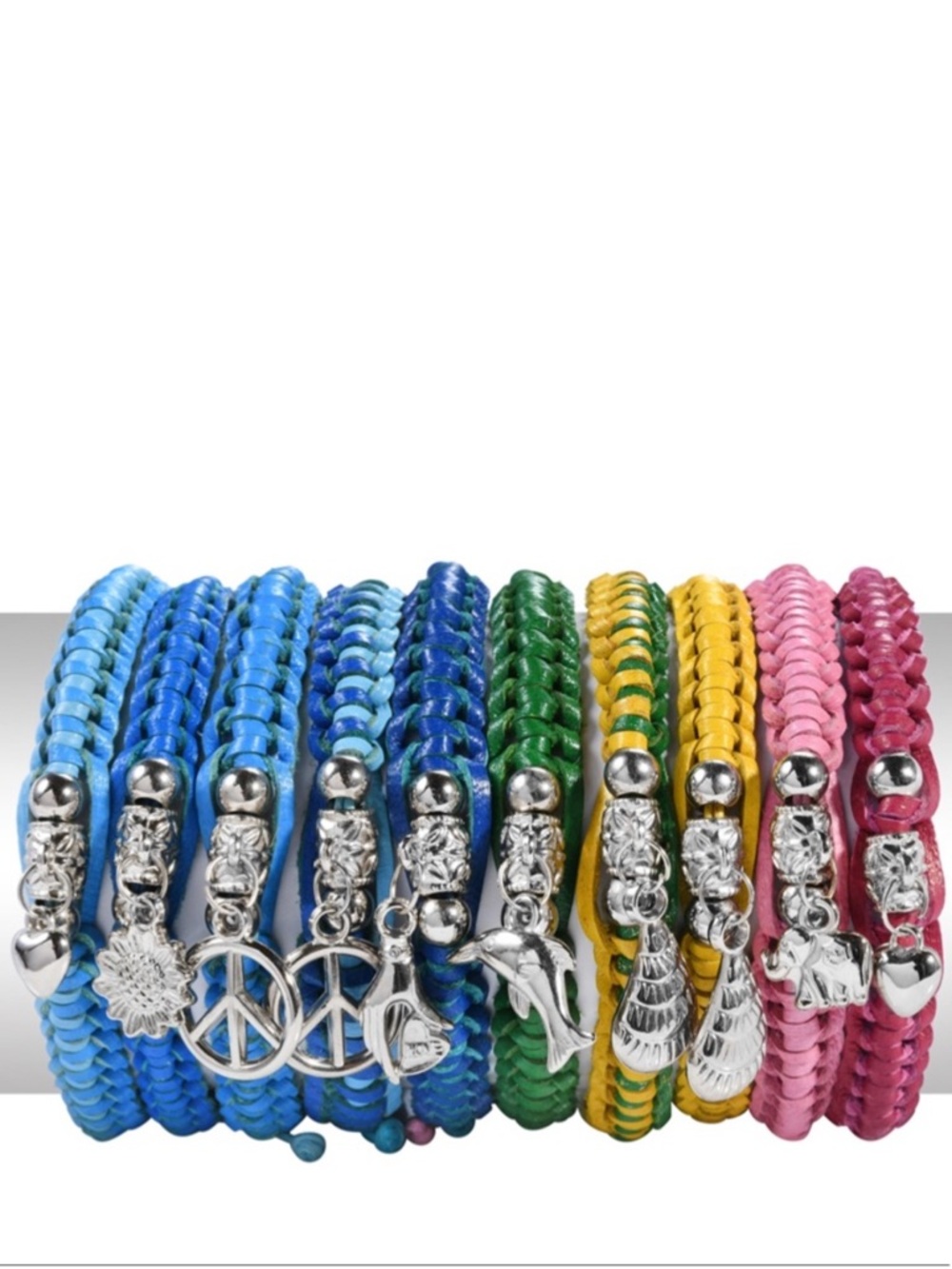 Set of Ten Multi Color Leather Bracelets with Charms